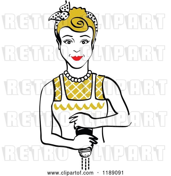 Vector Clip Art of Retro Dirty Blond Housewife or Maid Lady Grinding Fresh Pepper