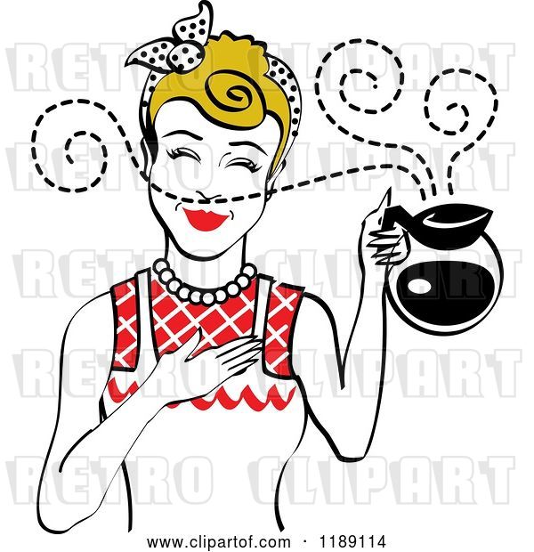 Vector Clip Art of Retro Dirty Blond Waitress or Housewife Smelling the Aroma of Fresh Hot Coffee in a Pot 2
