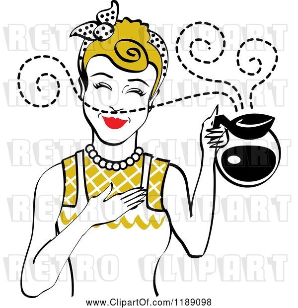 Vector Clip Art of Retro Dirty Blond Waitress or Housewife Smelling the Aroma of Fresh Hot Coffee in a Pot