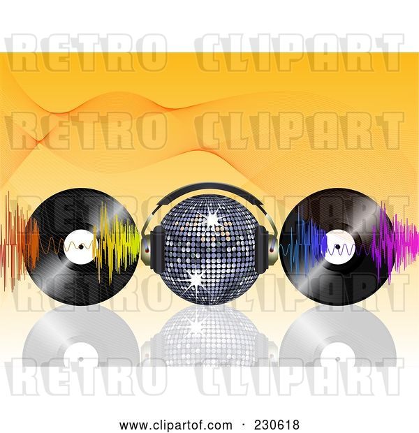 Vector Clip Art of Retro Disco Ball with Headphones, Waves and Vinyl Records on Orange