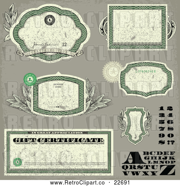 Vector Clip Art of Retro Distressed Green Money Themed Frames Letters Numbers and Certificates