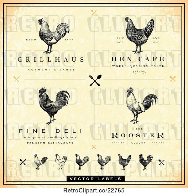 Vector Clip Art of Retro Distressed Styled Rooster and Chicken Cafe and Menu Designs