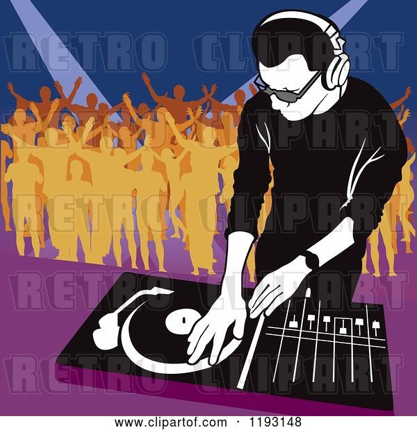Vector Clip Art of Retro Dj Mixing a Record and Silhouetted Dancers