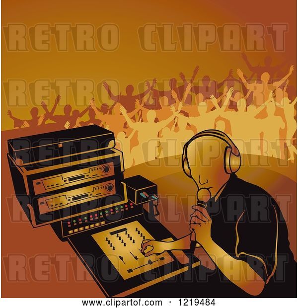 Vector Clip Art of Retro Dj Mixing a Record and Silhouetted Dancers in Orange Tones