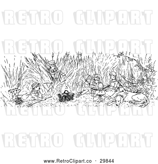 Vector Clip Art of Retro Dog and Children in Tall Grass