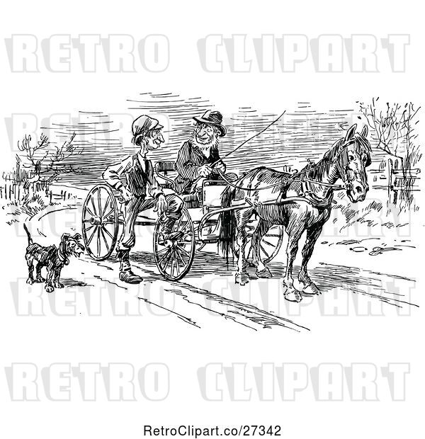 Vector Clip Art of Retro Dog by Men in a Horse Cart