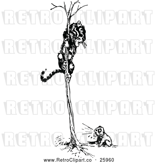 Vector Clip Art of Retro Dog Chasing a Tiger in a Tree