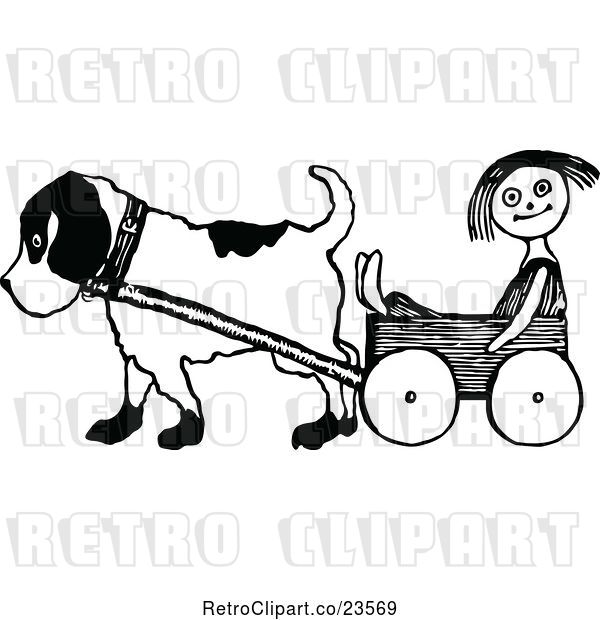Vector Clip Art of Retro Dog Pulling a Doll in a Wagon