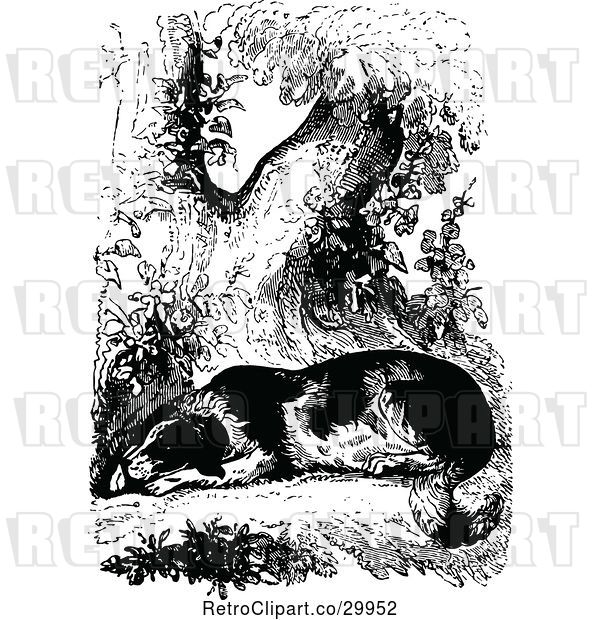 Vector Clip Art of Retro Dog Resting by a Tree