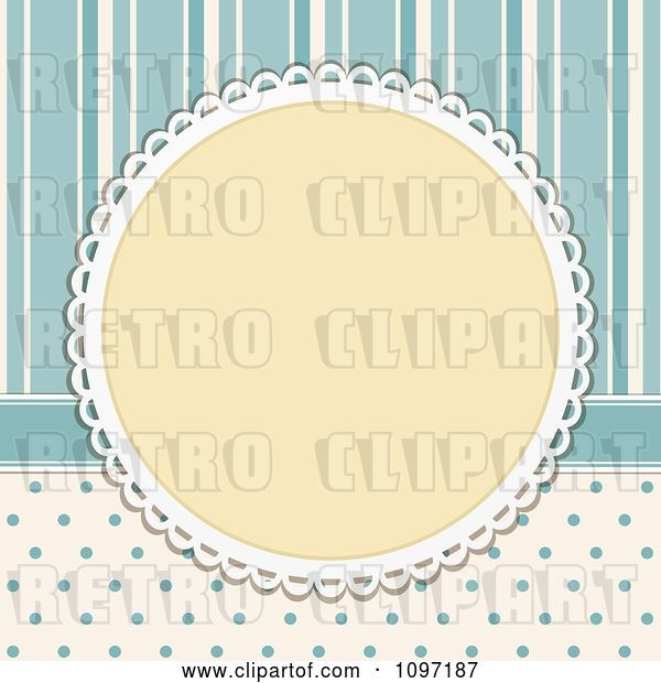 Vector Clip Art of Retro Doily Circular Frame on Blue Polka Dots and Stripes