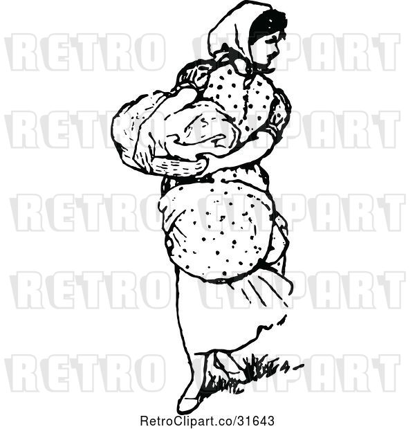 Vector Clip Art of Retro Domestic Housewife Carrying Laundry