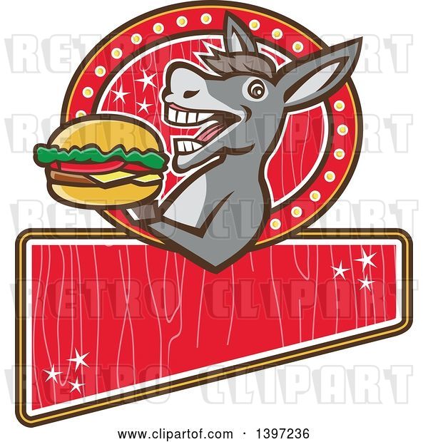Vector Clip Art of Retro Donkey About to Take a Bite out of a Cheeseburger on a Red Sign