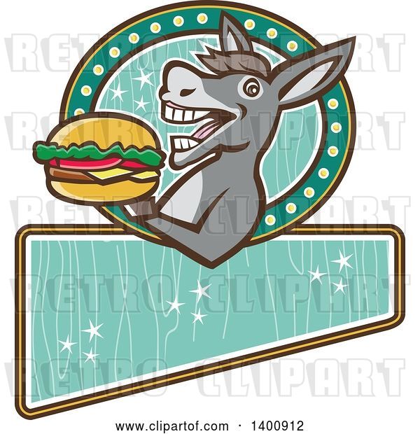 Vector Clip Art of Retro Donkey About to Take a Bite out of a Cheeseburger on a Turquoise Sign