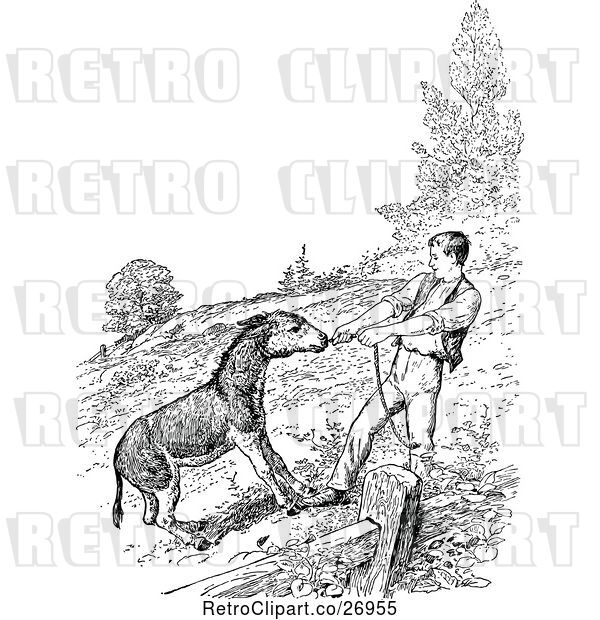 Vector Clip Art of Retro Donkey and Guy Pulling