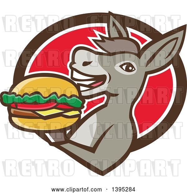 Vector Clip Art of Retro Donkey Holding a Cheeseburger and Emerging from a Brown White and Red Oval