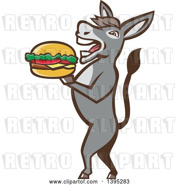 Vector Clip Art of Retro Donkey Standing Upright and About to Take a Bite out of a Cheeseburger