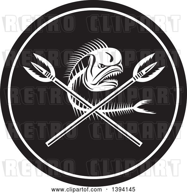 Vector Clip Art of Retro Dorado Dolphin Fish Skeleton and Crossed Spears in a Circle