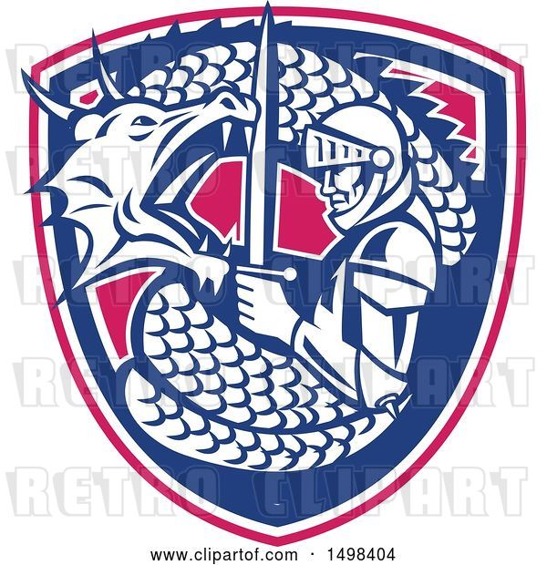 Vector Clip Art of Retro Dragon Battling and Coiling Around St George with a Sword in a Shield