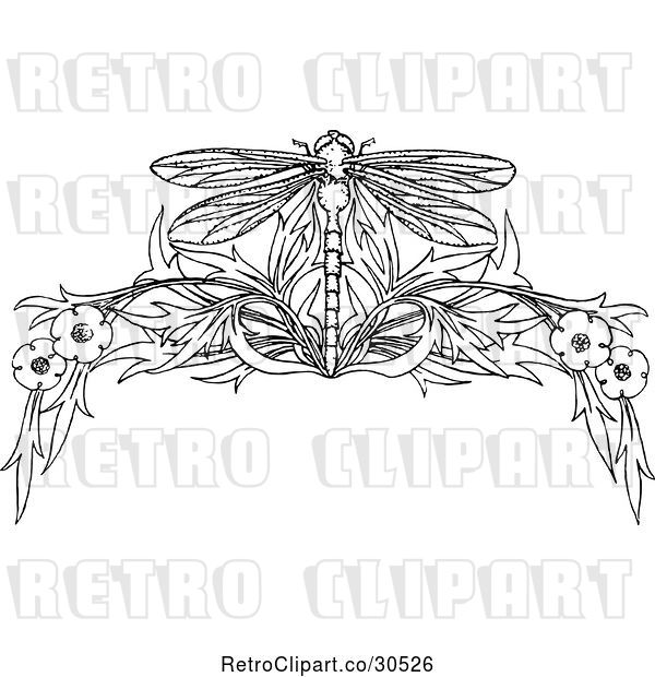 Vector Clip Art of Retro Dragonfly and Floral Page Border