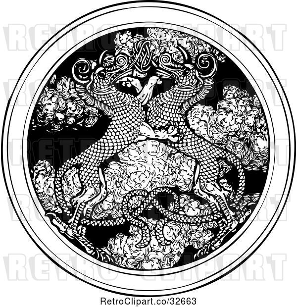 Vector Clip Art of Retro Dragons Entwined over a Medallion of Smoke