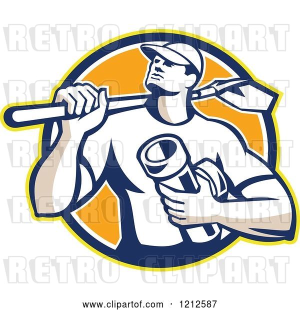 Vector Clip Art of Retro Drainlayer Guy Carrying a Shovel and Pipe