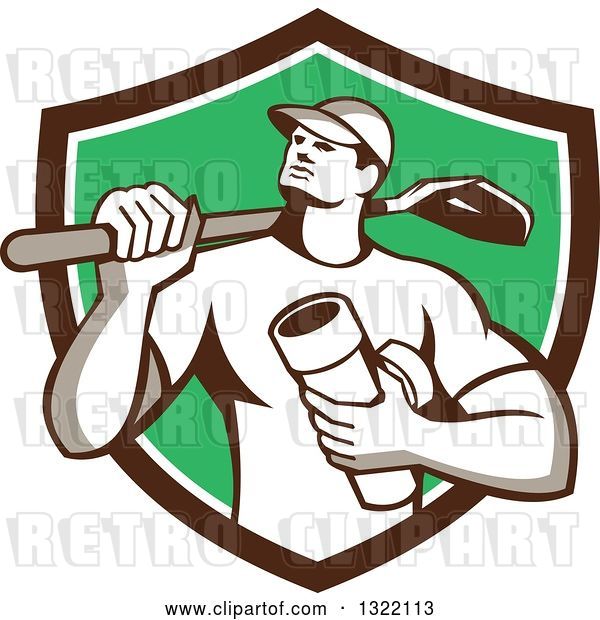 Vector Clip Art of Retro Drainlayer Guy Carrying a Shovel and Pipe in a Brown White and Green Shield