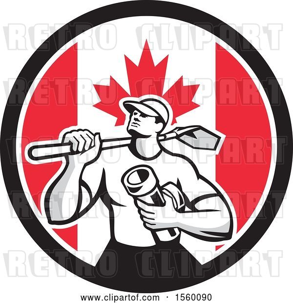 Vector Clip Art of Retro Drainlayer Guy Carrying a Shovel and Pipe in a Canadian Flag Circle