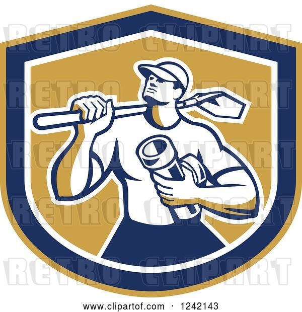 Vector Clip Art of Retro Drainlayer Guy Carrying a Shovel and Pipe in a Shield