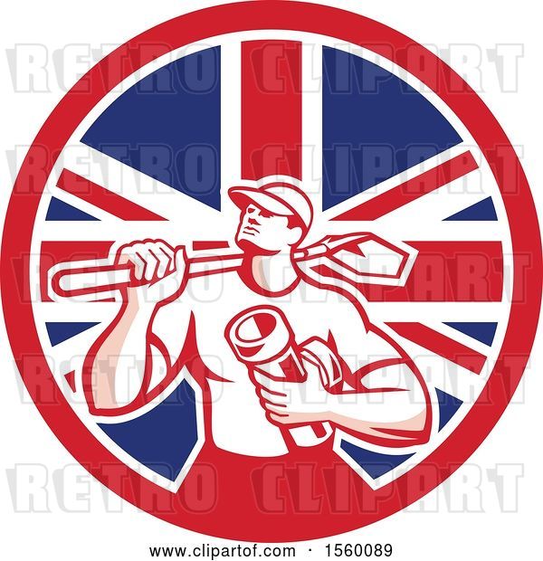 Vector Clip Art of Retro Drainlayer Guy Carrying a Shovel and Pipe in a Union Jack Flag Circle