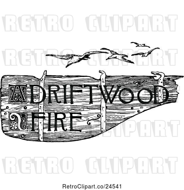 Vector Clip Art of Retro Driftwood Fire Sign and Seagulls
