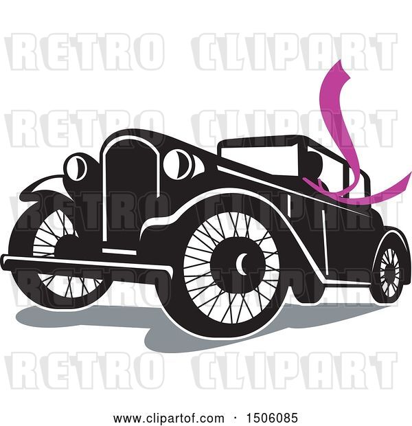 Vector Clip Art of Retro Driver Wearing a Long Purple Scarf in a Coupe Automobile