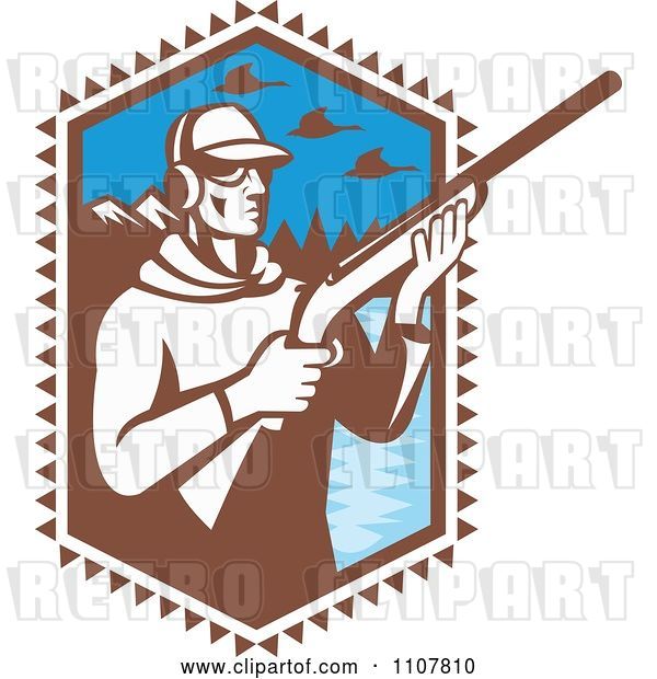 Vector Clip Art of Retro Duck Hunter Holding a Shotgun by a Mountainous Lake