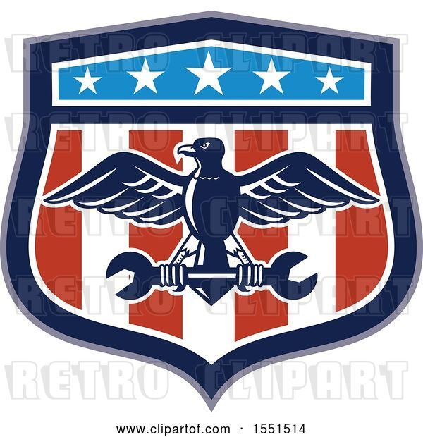 Vector Clip Art of Retro Eagle and Spanner Wrench in an American Shield