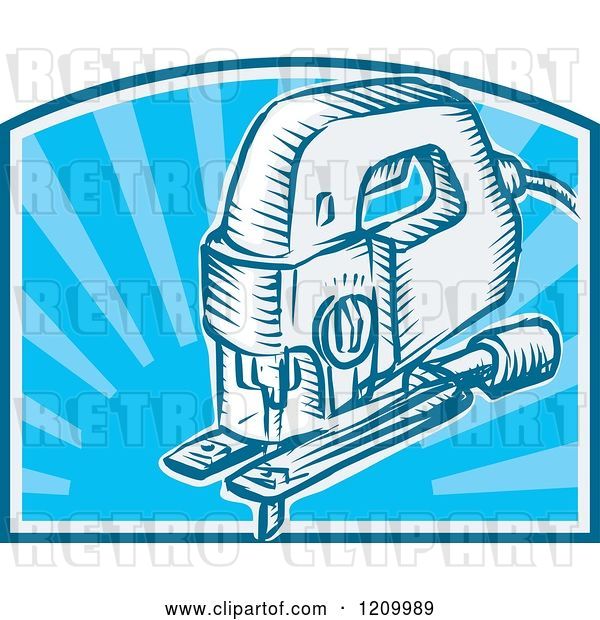 Vector Clip Art of Retro Electric Jigsaw Tool over Blue Rays