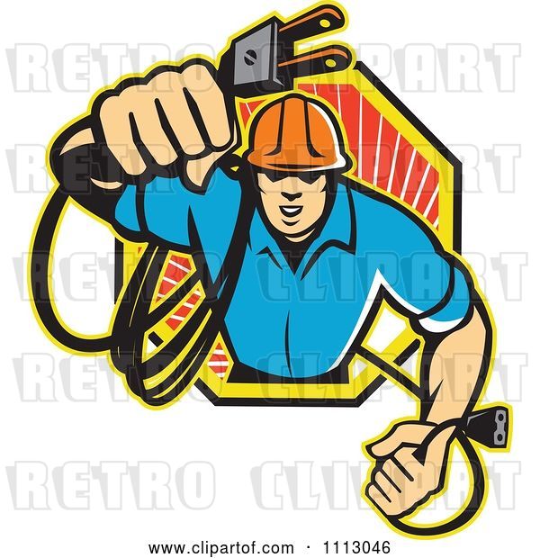 Vector Clip Art of Retro Electrician Holding out a Plug in an Octogon