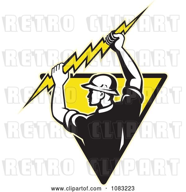 Vector Clip Art of Retro Electrician Holding up a Bolt on a Yellow Triangle