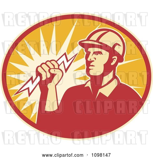 Vector Clip Art of Retro Electrician Lineman Holding a Lightning Bolt in an Oval