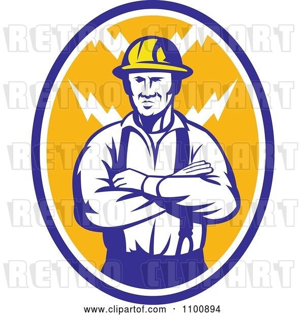 Vector Clip Art of Retro Electrician or Construction Worker with Folded Arms over an Oval of Bolts