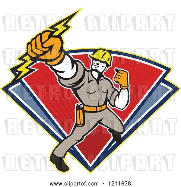Vector Clip Art of Retro Electrician or Lineman Holding a Bolt over Red and Blue Triangles