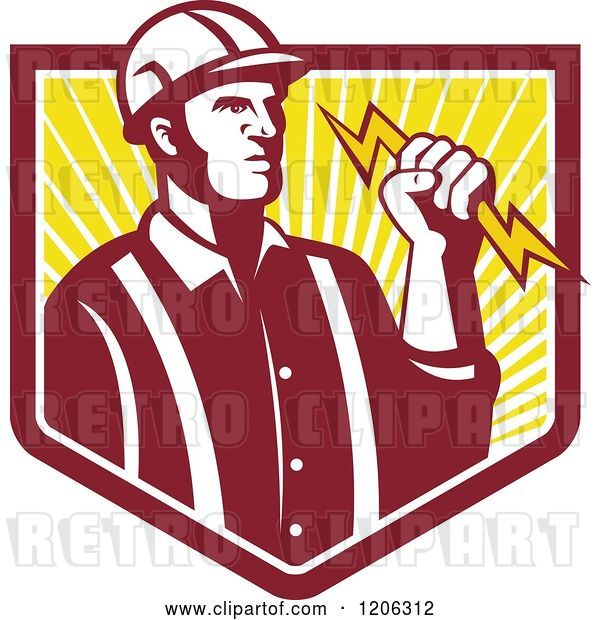 Vector Clip Art of Retro Electrician Worker Guy Holding a Bolt over a Ray Crest Shield
