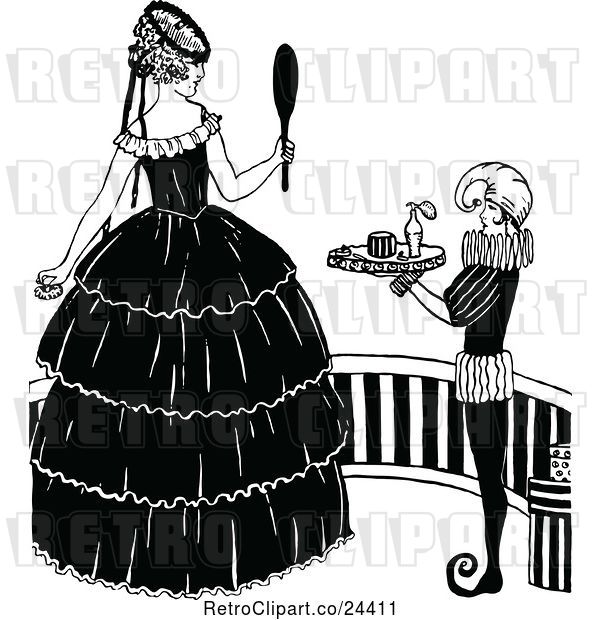 Vector Clip Art of Retro Elegant Lady Holding a Mirror by a Servant