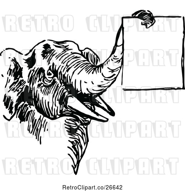 Vector Clip Art of Retro Elephant Holding a Sign with Its Trunk