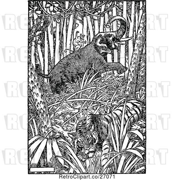 Vector Clip Art of Retro Elephant Monkey and Tiger in the Jungle