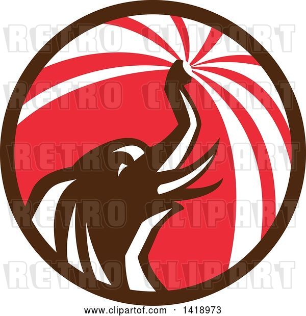 Vector Clip Art of Retro Elephant Spraying Water from His Trunk in a Brown Red and White Circle