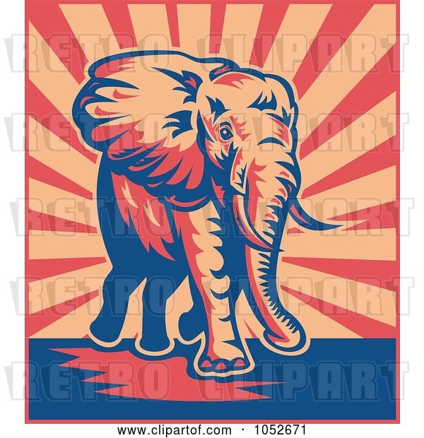 Vector Clip Art of Retro Elephant Walking over Beige and Red Rays