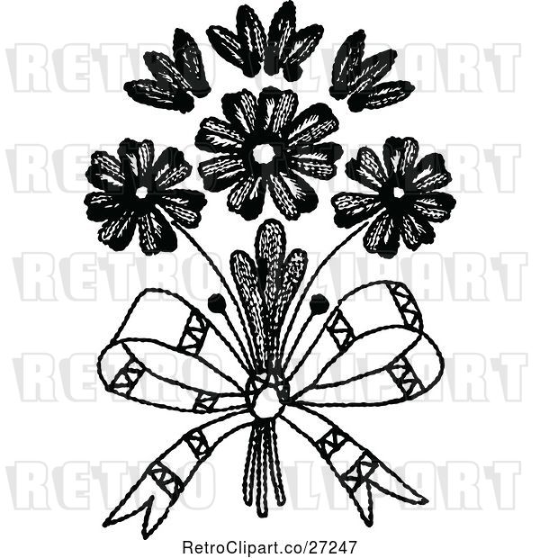 Vector Clip Art of Retro Embroidered Bow and Flowers