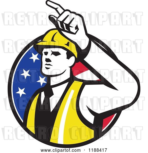 Vector Clip Art of Retro Engineer Construction Worker Pointing over an American Flag Circle