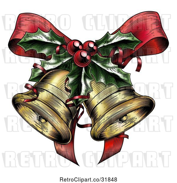 Vector Clip Art of Retro Engraved Christmas Bells with Holly and a Bow