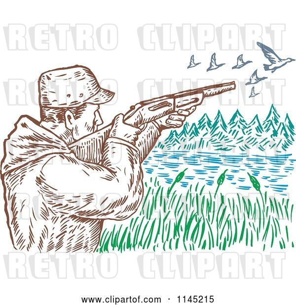 Vector Clip Art of Retro Engraved Hunter Aiming at Ducks over a Lake