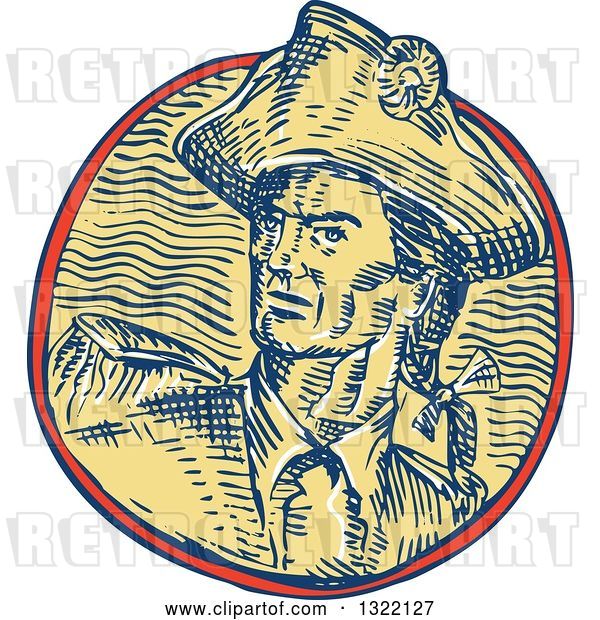 Vector Clip Art of Retro Engraved or Sketched American Patriot Minuteman Revolutionary Soldier in a Circle